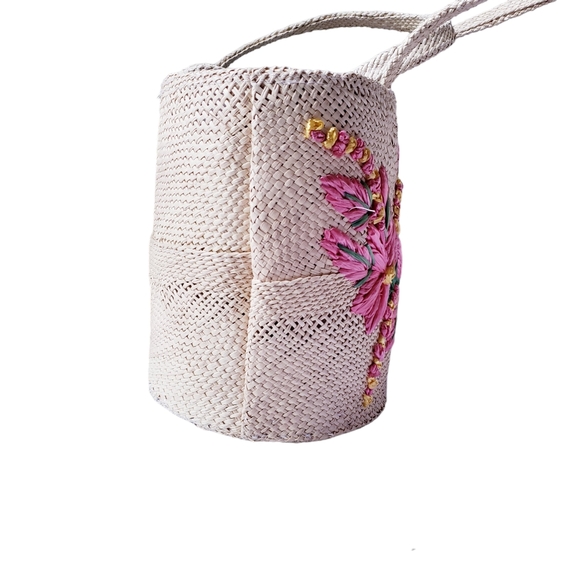 Vintage Pink Floral Wicker Bag - Picture 4 of 12